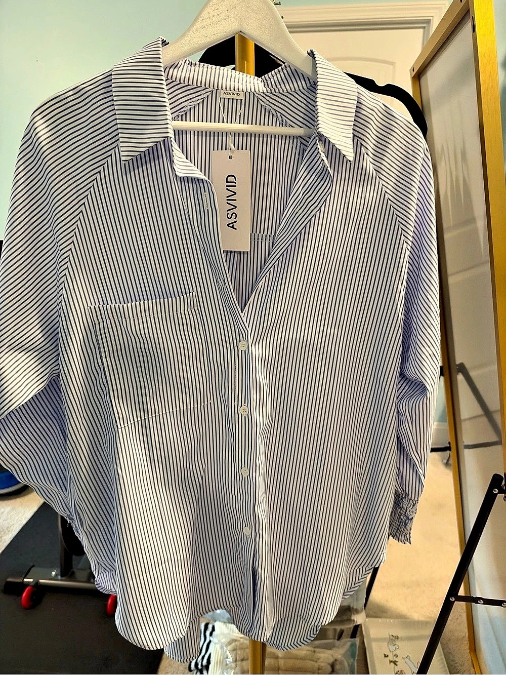 ASVIVID Striped Polyester Button Down in Blue & White Size Medium